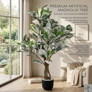 Árbol artificial de magnolia del sur / Planta de caucho realista, árbol de algodón blanco, decoración de maceta negra