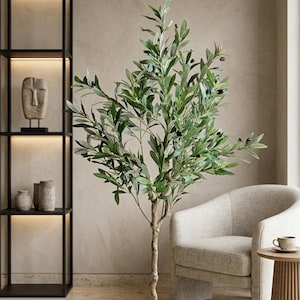 Artificial Fake Olive Tree – Realistic Faux Plant with Olives, Textured Pot, Boho Modern Decor