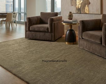 Hand Loomed Neuseeland Wolle Teppich, Solid Grün Loop Cut Pile Minimalistisches Design