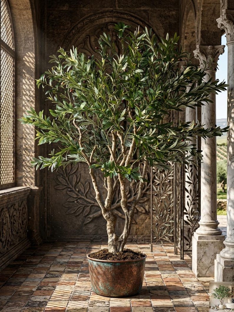 Pu&ograve; includere: Un alto ulivo artificiale con foglie verdi sottili e piccoli frutti scuri, caratterizzato da un tronco strutturato a pi&ugrave; fusti. L'albero &egrave; piantato in un vaso rotondo in metallo martellato color rame con una finitura patinata invecchiata.