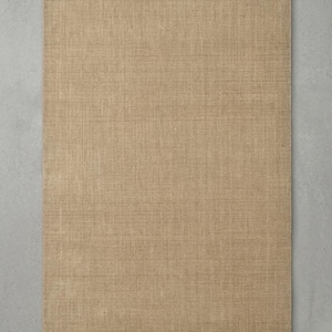 Op de afbeelding: Een rechthoekig, beige tapijt met een geweven textuur. Het tapijt is gemaakt van een natuurlijke vezel en heeft een eenvoudig, ingetogen ontwerp. Het tapijt ligt op een grijze ondergrond.