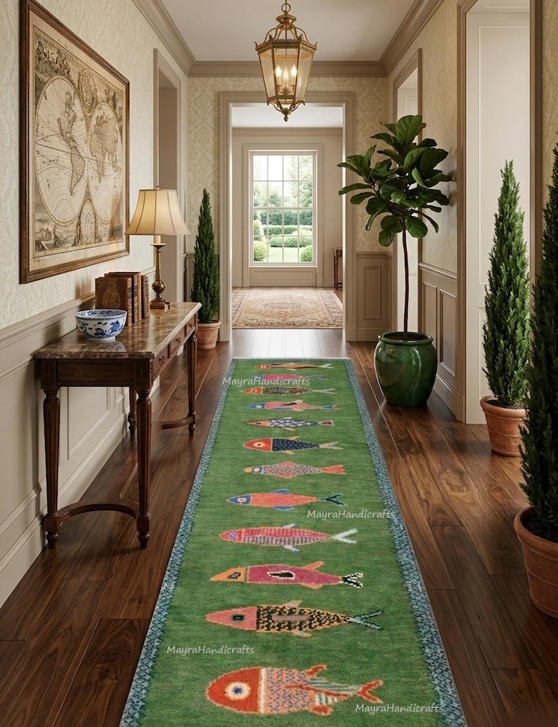 Fish Rug Handade Hand-knotted Wool Koi Fish Runner – Forest Green Coastal Area Hallway ...