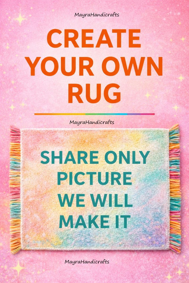 K&ouml;nnte beinhalten: Rosa Hintergrund mit dem Text "CREATE YOUR OWN RUG" in Orange. Darunter ein farbenfroher Teppich mit dem Text "SHARE ONLY PICTURE WE WILL MAKE IT". Die Marke "MayraHandicrafts" wird angezeigt.