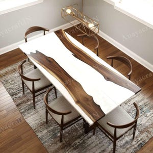 Mesa de resina epoxi blanca y madera natural / Elegante mesa de comedor hecha a mano / Muebles modernos de lujo