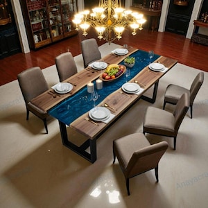 Handcrafted Rectangular Epoxy Dining Table, Solid Wood Base, Home Decor