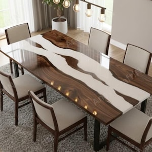 Mesa blanca de resina epoxi y muebles modernos de lujo de madera natural / Mesa de comedor elegante hecha a mano