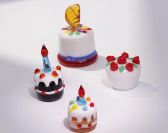 Handmade Glass Cake Figurines - Four styles of birthday cake, Cute Food Decor, Christmas gift cake topper