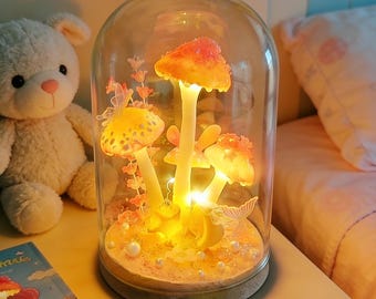 Lámpara de hongo rosa hecha a mano, lámpara Art Déco, decoración natural para el hogar, regalos de cumpleaños, luz nocturna de hongo encantada, regalo de decoración Fairycore