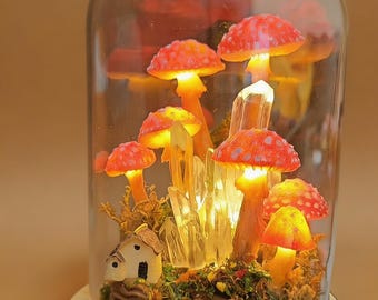 Lámpara de hongo roja hecha a mano, luz nocturna de hongo encantada, regalo de decoración de hadas, lámpara art déco, decoración natural para el hogar, regalos de cumpleaños