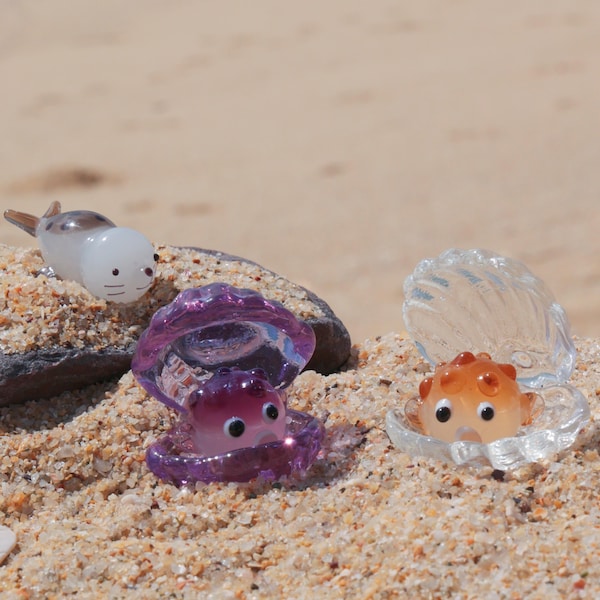 Statuine di creature marine in vetro soffiato a mano - Mini sculture artistiche oceaniche, graziose decorazioni a forma di conchiglia, regalo unico fatto a mano