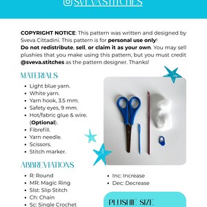 May include: A digital document titled Crochet Pixie by Sveva Stitches, featuring a copyright notice, a list of materials including a 3.5 mm hook, 9 mm safety eyes, yarn, scissors, and a stitch marker, plus abbreviations and a 35 cm finished size.