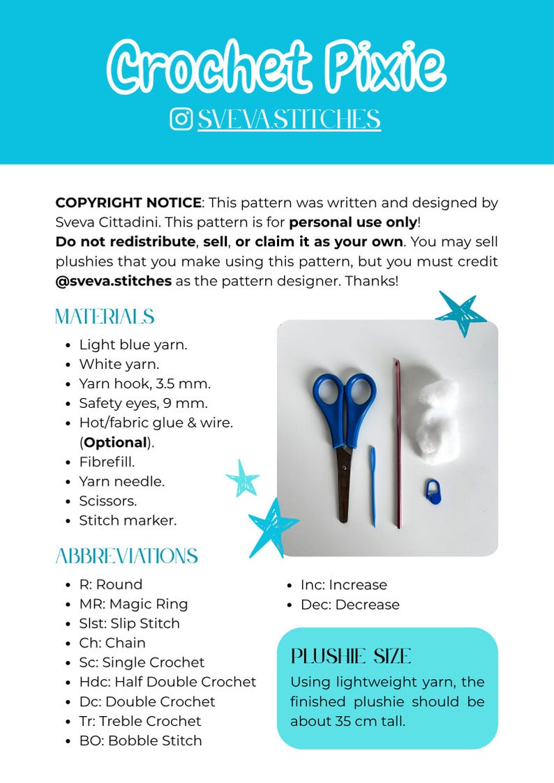 May include: A digital document titled Crochet Pixie by Sveva Stitches, featuring a copyright notice, a list of materials including a 3.5 mm hook, 9 mm safety eyes, yarn, scissors, and a stitch marker, plus abbreviations and a 35 cm finished size.