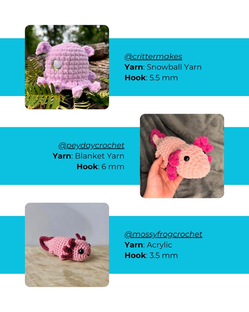 Op de afbeelding: Drie gehaakte knuffels: een lichtpaars wezen met grote ogen, een lichtroze axolotl met donkerroze kieuwen en een kleinere roze axolotl. De tekst bevat @crittermakes Snowball Yarn 5.5 mm, @peydaycrochet Blanket Yarn 6 mm en @mossyfrogcrochet Acrylic 3.5 mm.