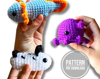Aquatic Animals Crochet Bundle: Axolotl, Dumbo Octopus & Sea Bunny. (PDF Download)