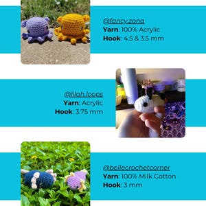 Op de afbeelding: Een verzameling van drie haakprojecten met kleine knuffeldieren. De eerste toont een lichtpaarse en een gele octopus. De tweede toont een klein wit wezen met zwarte oren. De derde toont een donkerblauwe en een lichtpaarse axolotl.