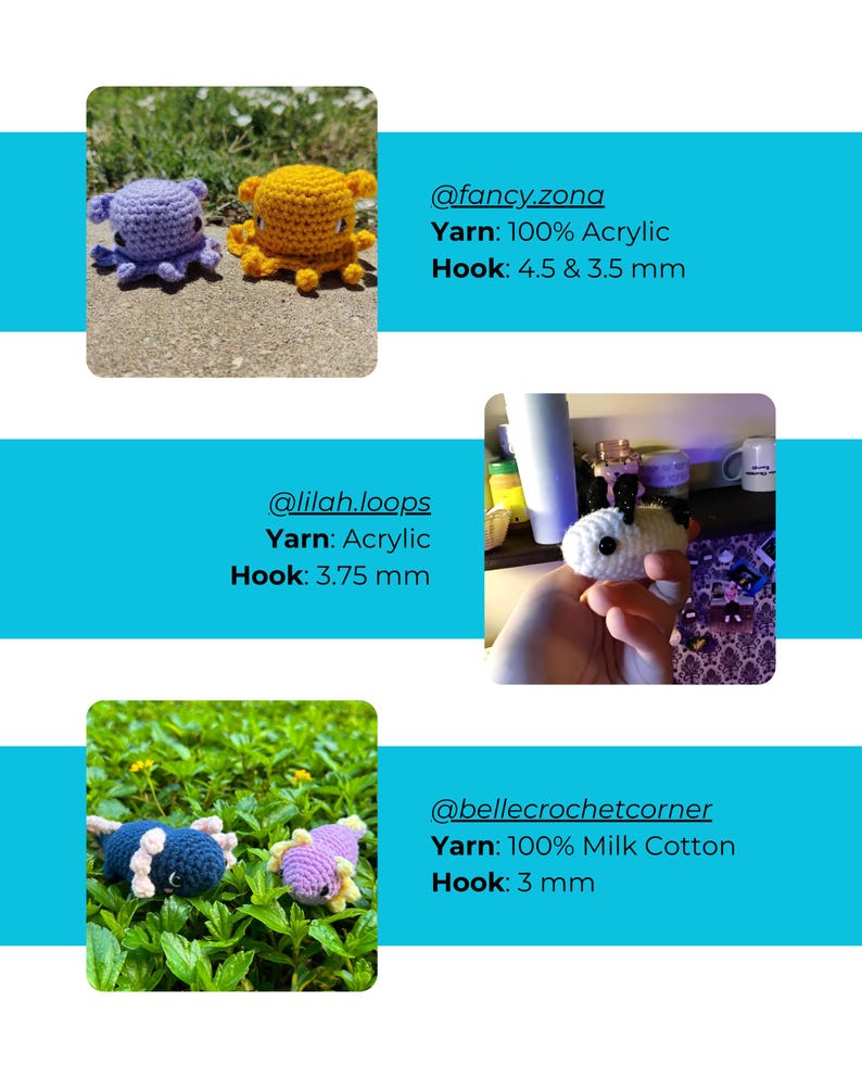 Op de afbeelding: Een verzameling van drie haakprojecten met kleine knuffeldieren. De eerste toont een lichtpaarse en een gele octopus. De tweede toont een klein wit wezen met zwarte oren. De derde toont een donkerblauwe en een lichtpaarse axolotl.