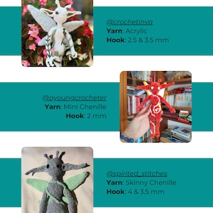 May include: Three crocheted fairy dolls with pointed ears and wings. The first is white with green vine details, the second is red with a white spiral pattern, and the third is a variegated grey and purple with light green wings.