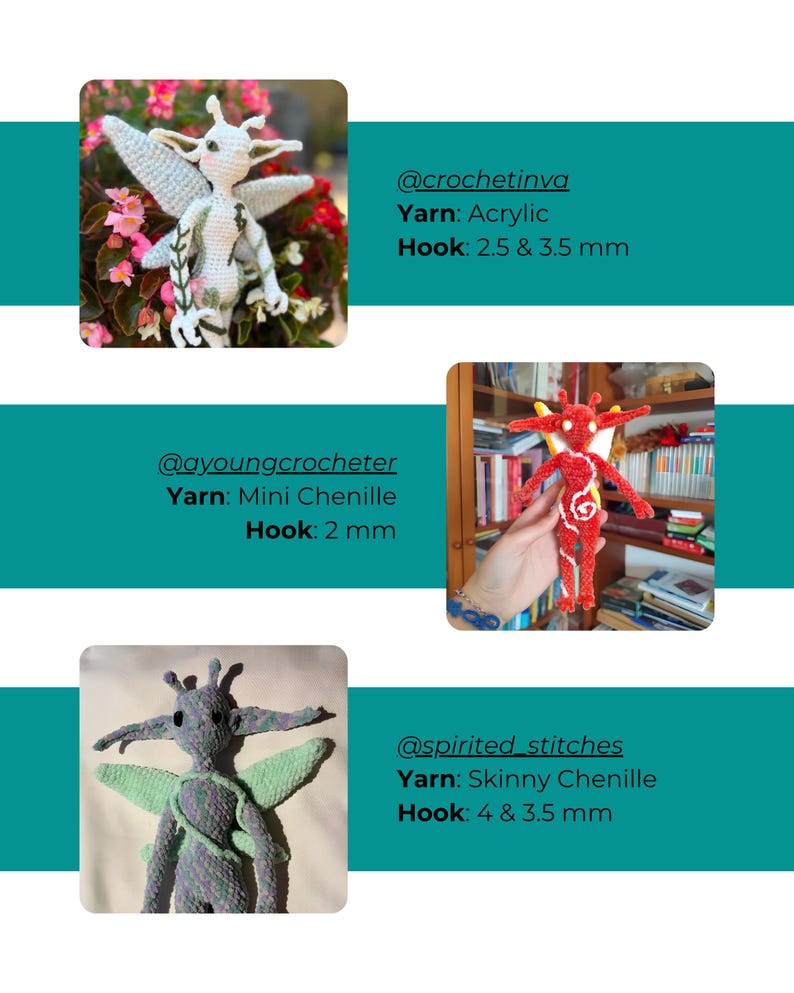 May include: Three crocheted fairy dolls with pointed ears and wings. The first is white with green vine details, the second is red with a white spiral pattern, and the third is a variegated grey and purple with light green wings.