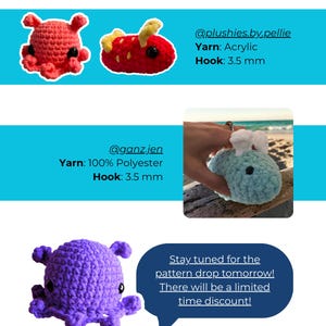 Op de afbeelding: Een verzameling gehaakte knuffels waaronder een roze octopus, een rood en geel wezen, een lichtblauw konijnachtig figuurtje en een paarse octopus. Tekst bevat @plushies.by.pellie, @ganz.jen, Yarn: Acrylic, 100% Polyester, Hook: 3.5 mm, en Stay tuned for the pattern drop tomorrow! There will be a limited time discount!