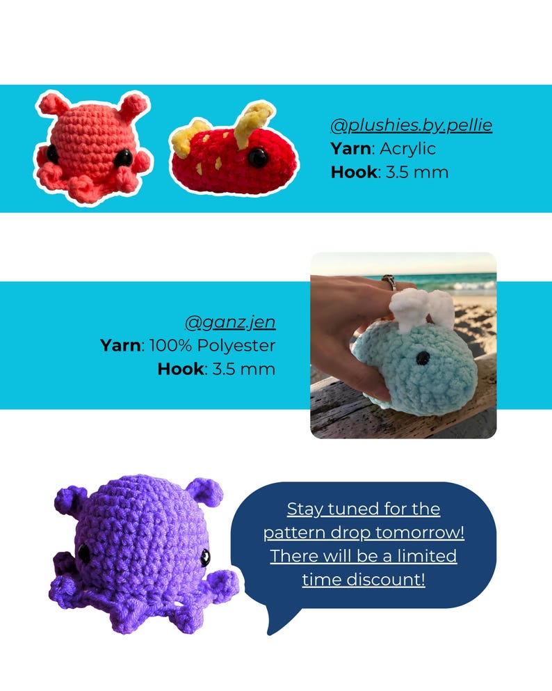 Op de afbeelding: Een verzameling gehaakte knuffels waaronder een roze octopus, een rood en geel wezen, een lichtblauw konijnachtig figuurtje en een paarse octopus. Tekst bevat @plushies.by.pellie, @ganz.jen, Yarn: Acrylic, 100% Polyester, Hook: 3.5 mm, en Stay tuned for the pattern drop tomorrow! There will be a limited time discount!