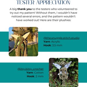 May include: A digital graphic titled TESTER APPRECIATION featuring two crochet fairy plushies. One is dark olive green with light yellow wings, the other is light sage green with white wings. Text includes yarn and hook sizes of 3.5 mm and 2 mm.
