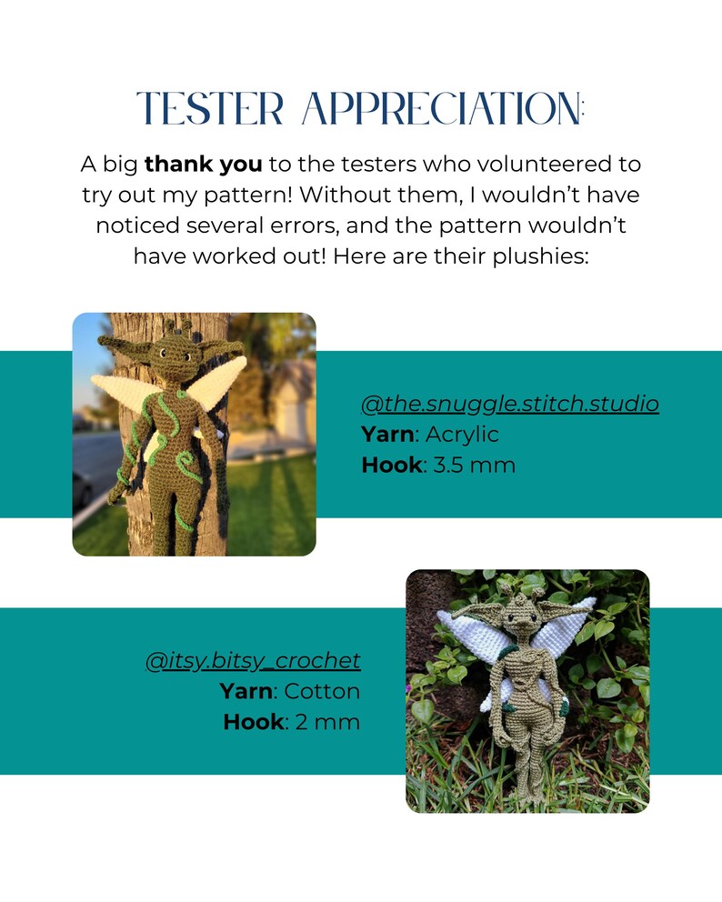 May include: A digital graphic titled TESTER APPRECIATION featuring two crochet fairy plushies. One is dark olive green with light yellow wings, the other is light sage green with white wings. Text includes yarn and hook sizes of 3.5 mm and 2 mm.