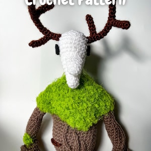 May include: A handcrafted crochet doll featuring a white head, brown antlers, and a green furry collar. The doll has a brown body and arms. The text "Crochet Pattern" is at the top, and "@SVEVASTITCHES" is at the bottom of the image.