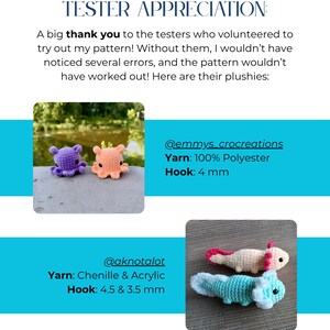 Op de afbeelding: Een digitale afbeelding met de titel TESTER APPRECIATION met twee foto's van gehaakte knuffels. E&eacute;n foto toont paarse en perzikkleurige octopussen. De andere toont een cr&egrave;me en roze axolotl en een lichtblauwe en witte axolotl met garen en haakdetails.