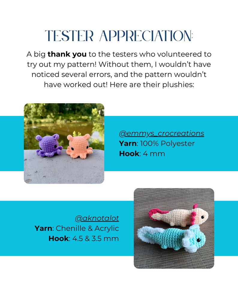 Op de afbeelding: Een digitale afbeelding met de titel TESTER APPRECIATION met twee foto's van gehaakte knuffels. E&eacute;n foto toont paarse en perzikkleurige octopussen. De andere toont een cr&egrave;me en roze axolotl en een lichtblauwe en witte axolotl met garen en haakdetails.