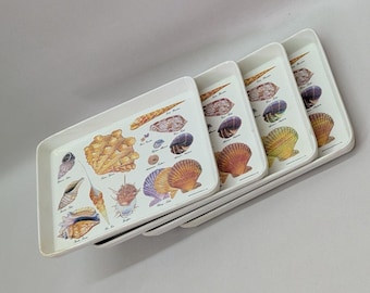 Juego de 4 minibandejas de melamina con diseño de conchas marinas vintage