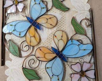 Rare Vintage Stained Slag Glass Butterfly 11 x 11" Metal Shelf Brackets, pair