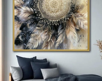 Dreamcatcher Canvas Art, Boho Feather Wall Decor, Neutral Mandala Painting, Spiritual Bedroom Artwork, Tribal Home Decor