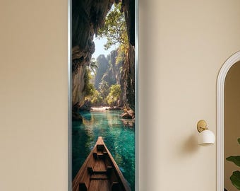 Tropical Cave Lagoon Wall Art Vertical Canvas, Boat Perspective Travel Art, Jungle Nature Decor, Adventure Wall Art, Coastal Print