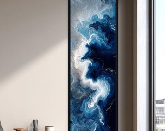 Blue Abstract Wall Art Vertical Canvas, Ocean Marble Texture Art, Modern Fluid Painting, Navy White Minimal Decor, Coastal Wall Art
