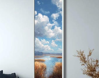 Cuadro vertical de paisaje, pintura de cielo azul y nubes, obra de arte de naturaleza lacustre, decoración escénica tranquila para sala de estar, dormitorio y entrada.