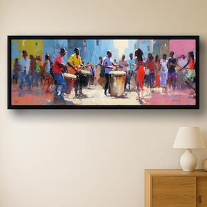May include: A framed painting showing a street scene with musicians playing drums and people dancing. The artwork uses bold brushstrokes and a colourful palette of blues, yellows, reds, and pinks, creating a lively atmosphere.