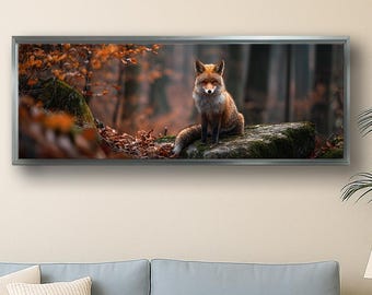 Cuadro panorámico de zorro para pared, decoración de naturaleza y vida silvestre, arte rústico de animales del bosque, arte para la pared sobre la cama, impresión de paisaje otoñal acogedor.