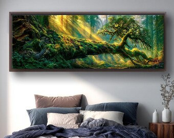 Enchanted Forest Wall Art, Magical Woodland Landscape Print, Moss Covered Tree Canvas, Sunlight Nature Decor, Rustic Green Artwork
