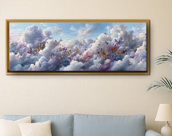 Butterfly Cloud Canvas Wall Art, Dreamy Sky Canvas Print, Whimsical Butterfly Painting, Panoramic Nature Decor, Bedroom Gift