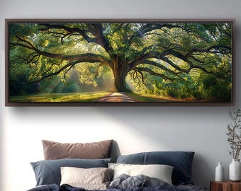 Impresión en lienzo panorámica del Árbol de la Vida, arte de pared con un majestuoso roble, decoración de un bosque apacible para sala de estar y dormitorio.