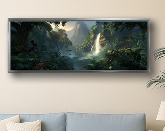 Tropical Waterfall Canvas Wall Art, Jungle Landscape Canvas Print, Rainforest Nature Painting, Panoramic Forest Decor, Escape Gift
