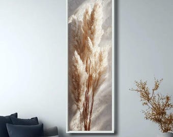 Cuadro vertical de hierba de la Pampa, decoración bohemia neutra, estampado botánico minimalista en beige, arte moderno para sala de estar de estilo rústico.