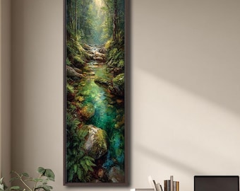 Forest Creek Canvas Wall Art, Woodland Stream Canvas Print, Nature Landscape Painting, Vertical River Decor, Peaceful Forest Gift