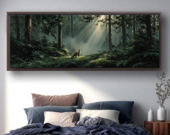 Cuadro panorámico de Fox Forest, decoración de pared de naturaleza y vida silvestre, paisaje boscoso melancólico, arte de pared para encima de la cama, decoración rústica para el hogar.