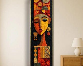 Cuadro abstracto de mujer africana en lienzo vertical, retrato tribal moderno, decoración étnica geométrica, decoración de pared estilo afro.