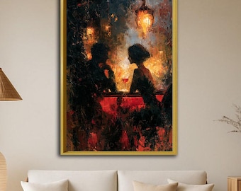 Romantic Dinner Canvas Wall Art, Couple Date Night Canvas Print, Impressionist Love Painting, Cozy Restaurant Decor, Anniversary Gift