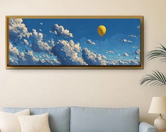 Lienzo panorámico de cielo azul para pared, paisaje minimalista de nubes con globo amarillo, decoración estética para pared, arte para encima de la cama, decoración moderna para el hogar.