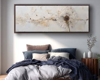 Dandelion Textured Panoramic Wall Art, Neutral Botanical Decor, Modern Minimal Flower Painting Print for Bedroom Living Room Home