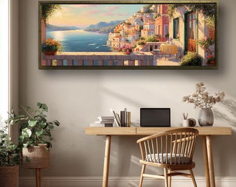 Coastal Village Panorama Canvas Wall Art, Mediterranean Seaside Landscape Print, Sunlit European Town Artwork for Bedroom Decor