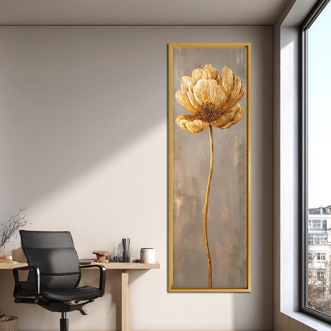 Golden Flower Canvas Wall Art, Minimalist Floral Painting, Elegant ...